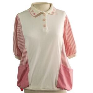 Vintage 80s Pink and White Top with Pockets Size Med